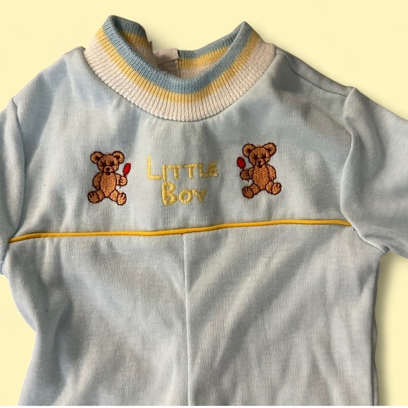 Vintage blue baby romper with yellow trim and teddy bear embroidery - Picture 2 of 4